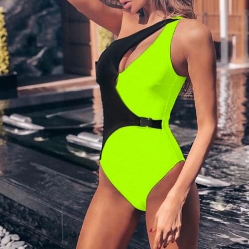 New Arrival One Piece Neon Swimsuit Women Patchwork Buckle Swimwear Push Up Monokini Sexy Bathing Suit One-Piece Maillot De Bain