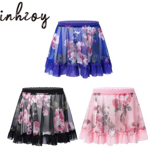 Kids Girls Ballet Dance Skirt See-through Florla Print Mesh Gymnastics Training Skirt Girl Party Masquerade Stage Dance Costume