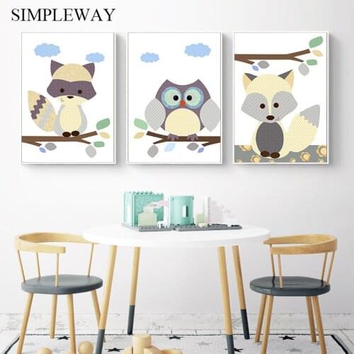 Squirrel Bear Tree Forest Animal Poster and Print Canvas Wall Art Painting Nursery Decoration Picture Baby Kids Bedroom Decor