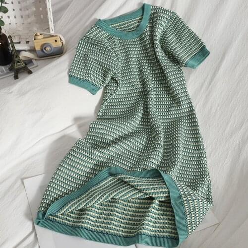 Korobov Women Knitted Dress Preppy Style Korean O Neck Short Sleeve Mini Dresses Vintage OL Plaid Hit Color Patchwork Vestidos