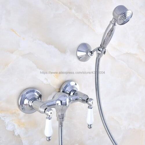 Polished Chrome Shower Faucet Set Double Handle Mixer Tap with Wall Mounted Ceramic Hand Held Shower Nna786