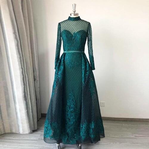 Luxury High Neck Evening Dress 2020 Long Sleeves Full Lace Sequined Sparkle Detachable Train Mermaid Formal Party Gowns