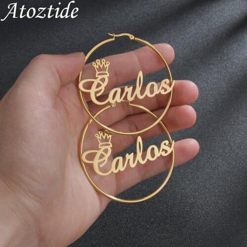 Personalized Name Stainless Steel Letter Earrings for Women Custom Name Big Crown Cricle Hoop Earrings Weddings Party Jewelry