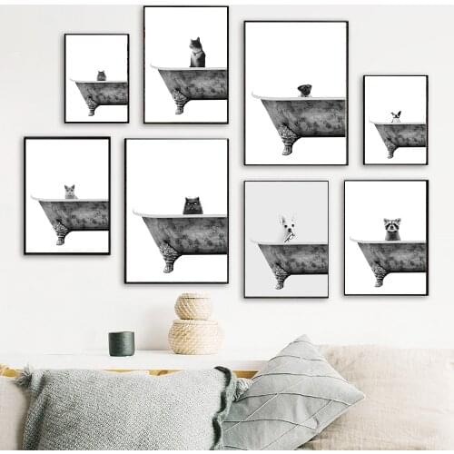 Happy Pug Dog Cat Nordic Poster Print Animal Take Bath For Living Room Home Decor Wall Art Canvas Painting Picture No Frame