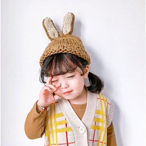 New Baby Winter Hat with Rabbit Ear Knitted Cartoon Bunny Ears Kids Girls Hat Elastic Baby Beanie Kids Cap for Girls Skullies