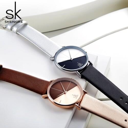 Shengke Black Leather Creative Clock Wristwatches Women Luxury Fashion Dress Quartz Watch Relogio Feminino New 2021 Ladies Watch