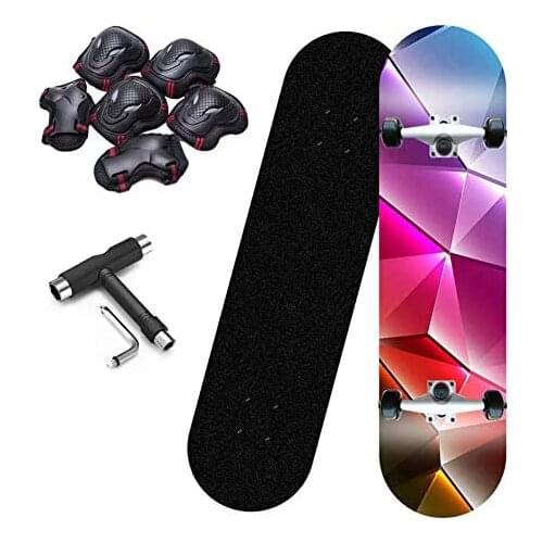 Skateboard 31"X8", 7-Layer Imported Maple Skateboard Double Rocker Type ABEC-7 Bearings, with Protective Gear and T Tools