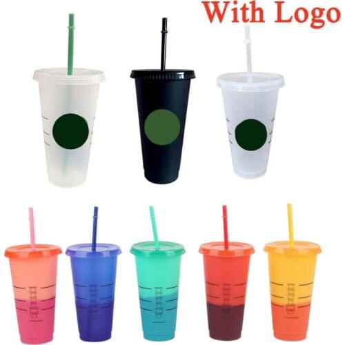 710ml/700ml Reusable Cups Plastic Tumbler Matte Finish Reusable Plastic Straw Cup Color Change Coffee Straw Cup With Lid With