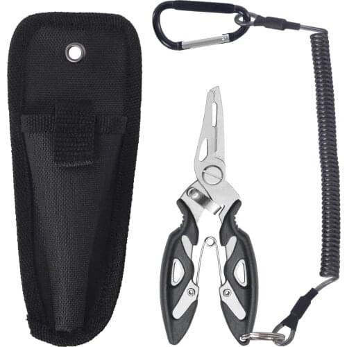 Steel Fishing Needle Nose Pliers Hook Removers Braided Line Cutters Split Ring Fishing Pliers with Sheath and Coiled Lanyard