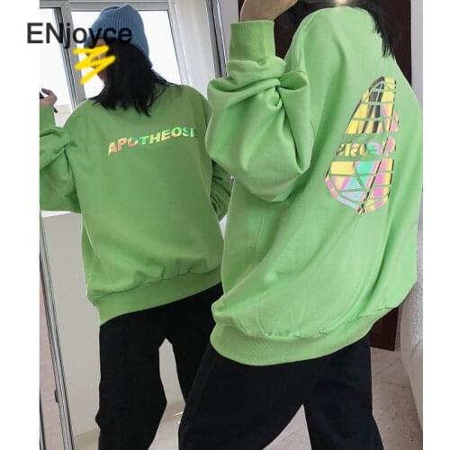 Fashion Reflective Letter Print Green Oversized Hoodies Sweatshirt Streetwear Women Korean Clothes Autumn Pullovers