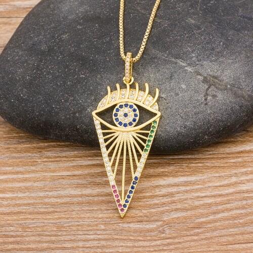 Turkish Evil Eyes Geometric Necklace Gold Color Copper Cubic Zirconia Pendant & Chain Charms Handmade Lucky Jewelry For Women