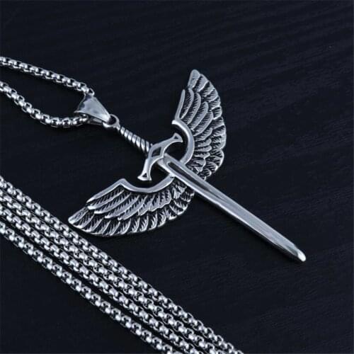 Vintage New Angel Wing Sword Pendant Necklace Fashion Retro Titanium Steel Alloy Mens Sweater Chain