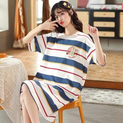 2021 New Summer Casual Striped Short Sleeve Cotton Nightgowns for Women Korean Sleepwear Night Gown Nightdress Home Dress Nighty