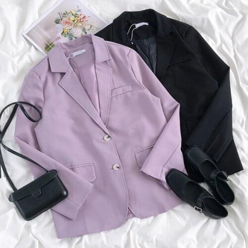 2021 Autumn Solid Color Elegant Purple Black Blazer Women Jacket Womens Korean Style Loose V-neck Long Sleeve Suit Jacket