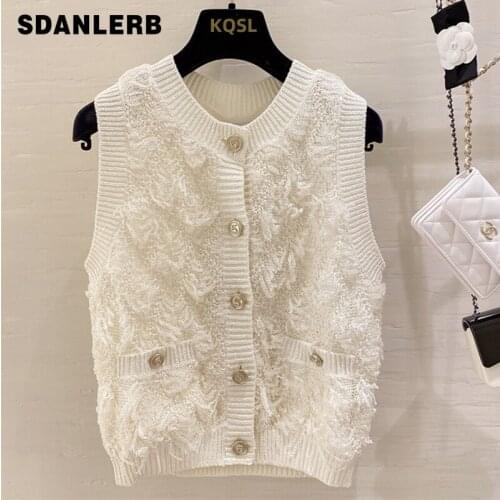 Women Sweater Vest Retro Hollow-out Crocheted Tassel Burrs Metal Buckle Solid Color Sleeveless Knitted Cardigan Tank Top