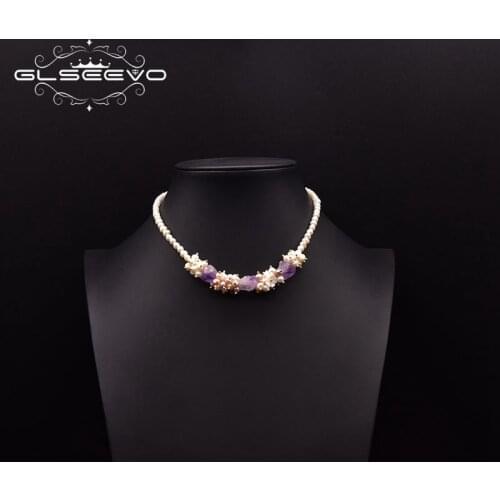 GLSEEVO Natural Freshwater Pearl Short Necklace For Woman Anniversary Natural Shell Flower Handmade Chain Jewelry GN0261