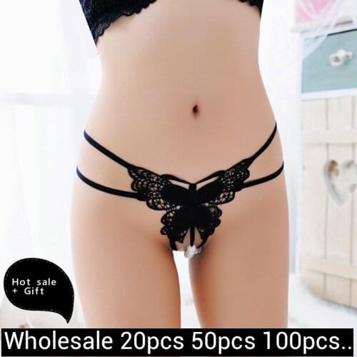 Wholesale Lady Fashion Sexy Bikini Butterfly Lace Underwear Pearl Chain Couple Flirt Sexy Thong Panties Body Jewelry For Women