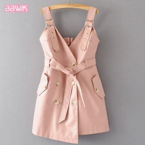 PU Pink 2019 Autumn New Slim Harajuku Cute Womens Dresses V-neck Lace-up Strap Female Dress Black Wine Red Button Pocket Zipper