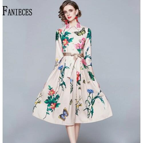 2021 Spring Autumn Women Casual Apricot Blue Print dress Long sleeve office lady Midi dress Slim A-line female kobieta sukienka