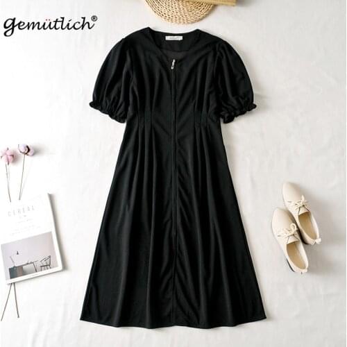 GEMUTLICH Women Big Size Elasticity Dress Korean Style Loose Short Sleeved Puff Sleeve Long Vintage Black Dresses