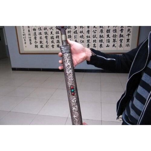 22 Tibet Pure craftwork inlay Ruby Turquois Dragon Play Bead Tibetan knife sword