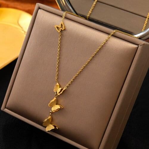 316L Stainless Steel New Fashion Upscale Jewelry 2 Layers Matte Many Butterflies Charms Chain Choker Necklaces Pendant For Women