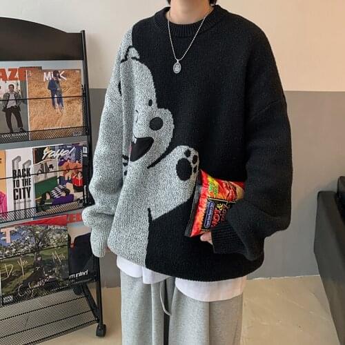 Mens hip-hop Streetwear Harajuku Sweater Crew neck Retro Japanese anime Bear sweater Couple knit 2020 Fall/winter Warm Pullover