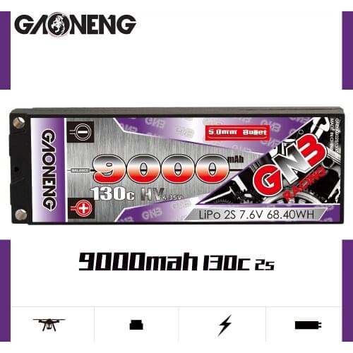 GAONENG GNB 9000mAh 2S 7.6V 130C See Through 5.0mm Bullet Hardcase HV LiPo Battery XT60 T Plug for 1:10 1/10 RC Car Boat Parts