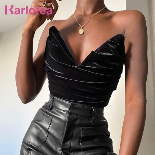 Karlofea Women Sexy Off Shoulder Underwire Push Up Zipper Bustier Top Sexy Party Clothes Streetwear Black Velvet Corset Crop Top