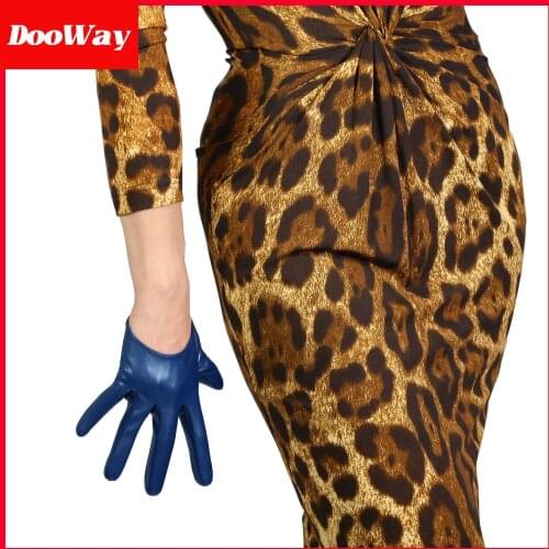 DooWay Women Faux Leather Short Gloves Half Palm 5-inches Winter Warm Evening Driving Navy Blue