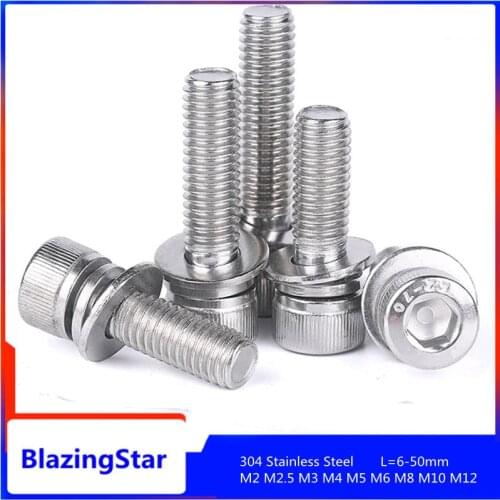 M2 M2.5 M3 M4 M5 M6 M8 M10 M12 Hexagon Head Combination Bolt 304 Stainless Steel Hexagon Knurled Cylindrical Head With Washer