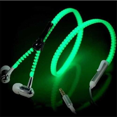 Fashion Glow Headphone Luminous Light Metal Zipper Earphone Glow In The Dark Headphones Headset for Iphone Xiaomi Samsung