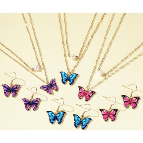 New Colorful Butterfly Pearl Double Layer Necklace Drop Earrings Jewelty Set Double Layer Pearl Female Party Jewelry