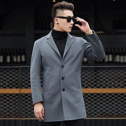 Autumn Winter Men Wool Trench Coat Mens Medium-Long Trench Slim Fit Overcoat Male Coats Fashion Casual Jacket Outerwear