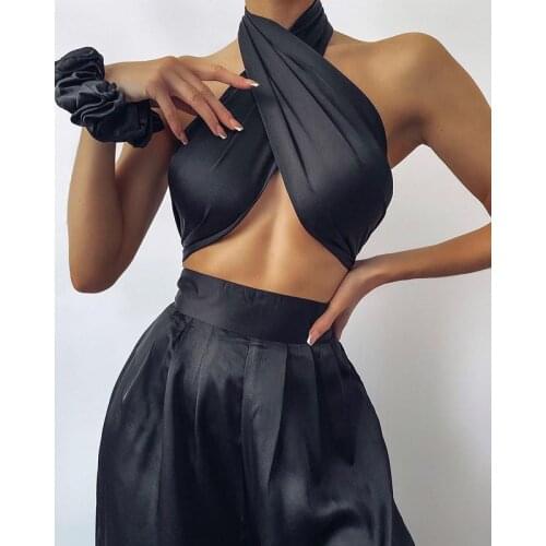 Sexy Backless Camisole Women Halter Crop Top Solid Color Silk Bandage Vest Ladies Exposed Navel Club Camisole Tube Top Tank