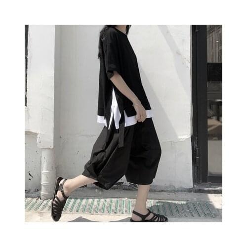 Fake two-piece slit irregular t-shirt summer half-sleeve 2020 new mid-length solid color jacket