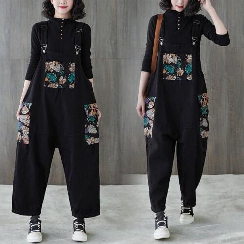 Retro Printed High Waist Bib Women 2021 Korean Bloomers Pants Loose Wide-leg Straight Overalls Jumpsuit Trousers Streetwear