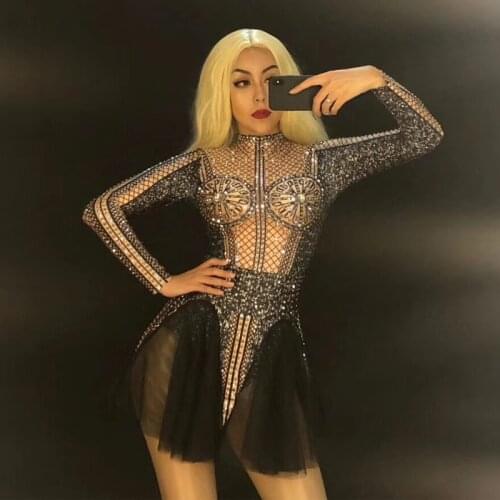 Stage Costume Black Rhinestone Jumpsuit Women Nightclub Performance Clothing For Singers Rave DJ Gogo Dancer Bodysuit DNV10528