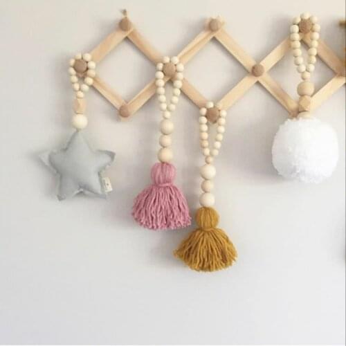 Nordic Handmade Wood Beads With Star Heart Pendant Tent Kid Room Wall Haning Decorations Best Gifts For Baby Crib Decor Photo