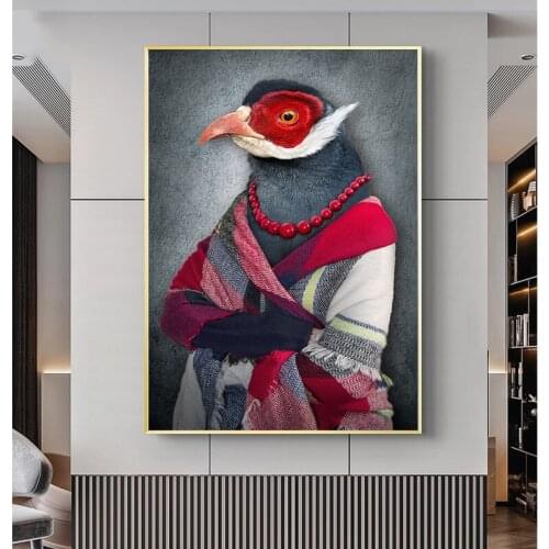 Modern Bird Lady In Shawl Skirt Art Canvas Painting Anthropomorphic Animal Posters Prints Wall Picture Living Room Home Decor
