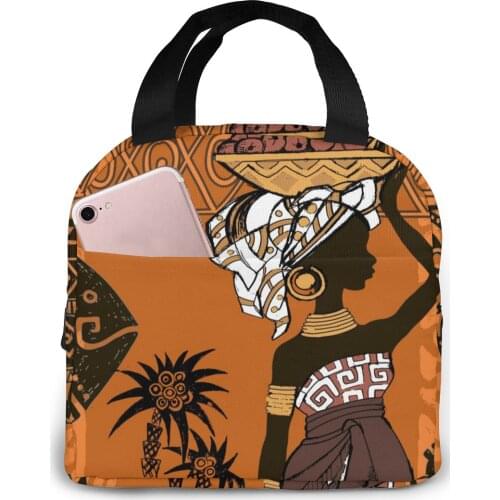 African Woman And Masks Lunch Food Box Bag Insulated Thermal Food Picnic Lunch Bag for Women kids Men Cooler Tote Bag