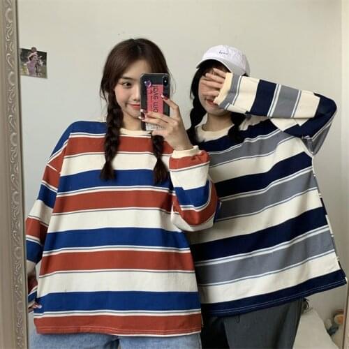 O-Neck Oversize Sweatshirt 2021 Spring Autumn Striped Women Female Korean Harajuku Style Loose Polyester Tshirts Women Clothing