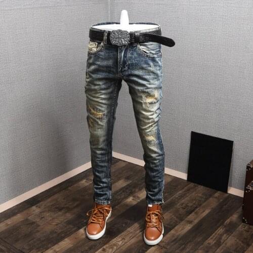 Streetwear Fashion Men Jeans High Quality Slim Fit Destroyed Ripped Jeans Men Retro Blue Patches Designer Hip Hop Denim Pants
