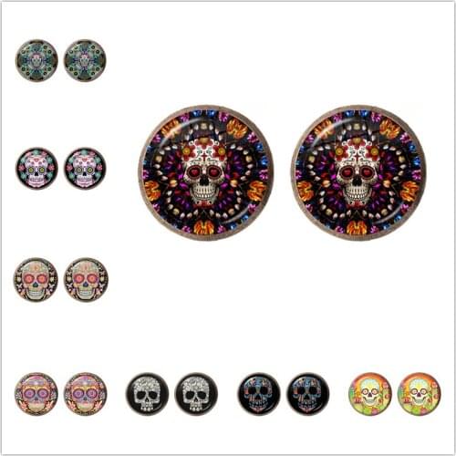 Vintage Steampunk Sugar Skull Glass Dome Earrings Sugar Skull Skeleton Handmade Jewelry Alloy Round Stud Earrings Halloween Gift