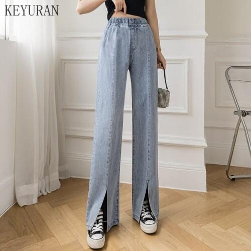 Womens Elastic High Waist Split Wide Leg Jeans Plus Size Fashion Traf Women Blue Pocket Mom Jeans Skinny Stretch Denim Pants