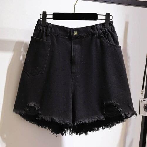 150Kg Plus size womens summer thin high-waisted straight denim shorts 5XL 6XL 7XL 8XL 9XL loose ripped raw edge wide-leg shorts