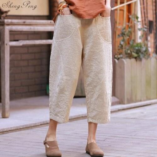 2019 New Cotton Linen Soft Wide Leg Women Pants Elastic Waist Ankle-Length Solid Color Summer Loose Trouser Q761
