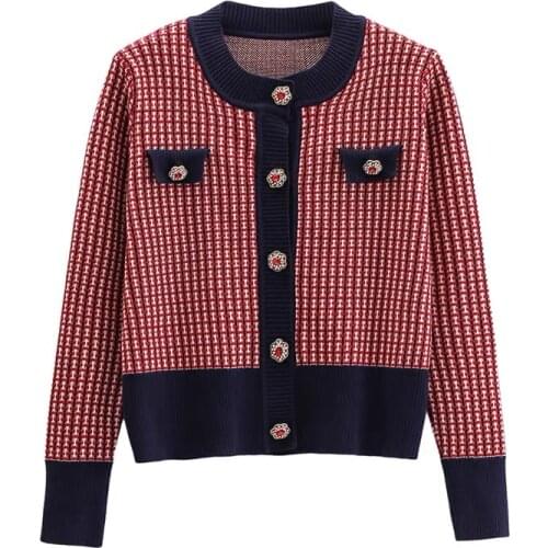 Red Plaid Cardigan Crop Top Fall 2021 Women Cropped Sweater Coat Full Round Neck Diamond Buckle Knit Cardigan Elegant Tops