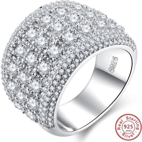 Pure Silver Color Sparkling Wide Rings for Women Girls AAA CZ Crystal Wedding Engagement S925 Stamp Jewelry Summer Sale
