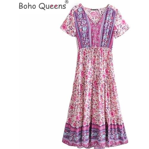 Boho Queens women purple floral print short sleeve tassel ruffles Bohemian maxi dresses Ladies v-neck rayon Boho happie dress